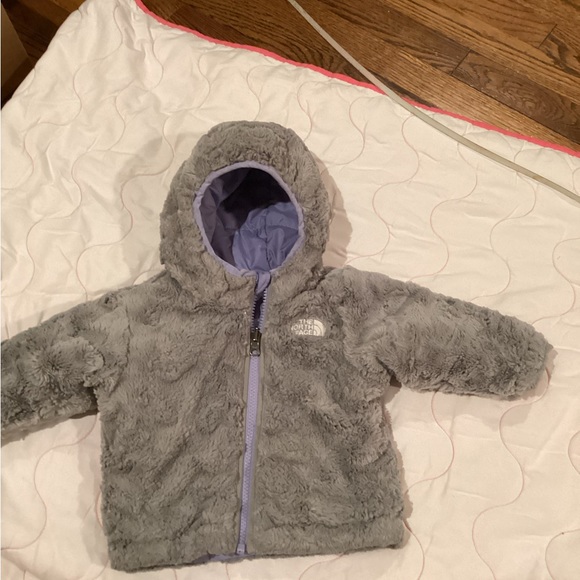 North Face infant reversible moss bud swirl hooded fleece winter jacket. Sz 3/6M - Picture 12 of 15